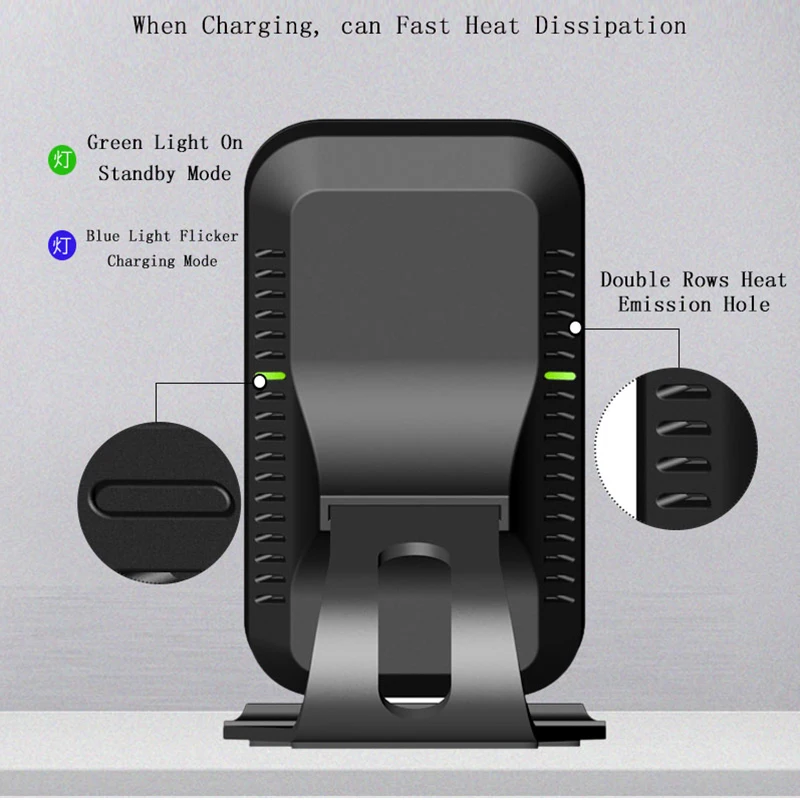 10 Вт Qi Беспроводное зарядное устройство Быстрая зарядка Вертикальная настольная подставка для мобильного телефона 2 катушки Быстрое беспроводное зарядное устройство с светодиодный подсветкой
