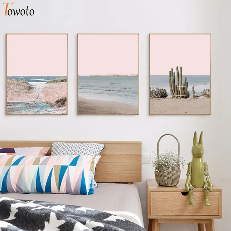 

Desert Landscape Canvas Painting Ocean Water Sandy Beach Poster Cactus Print Pink Nursery Wall Art Coastal Decoration Pictures
