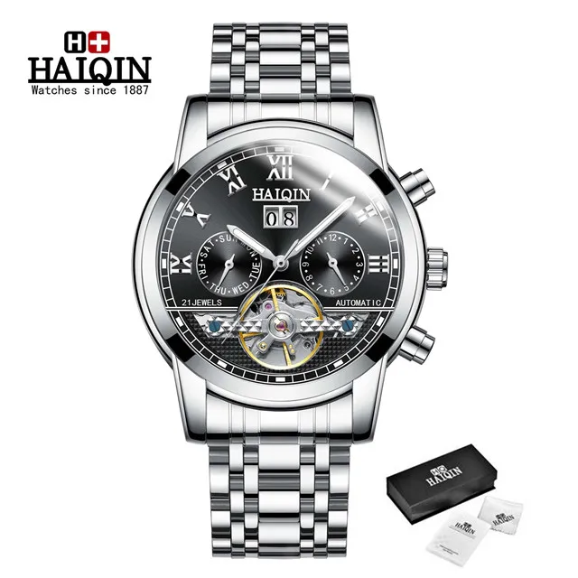 Автоматические механические мужские часы Топ бренд HAIQIN Роскошные мужские часы бизнес турбийон военные мужские наручные часы Reloj Hombres - Цвет: S-silver black