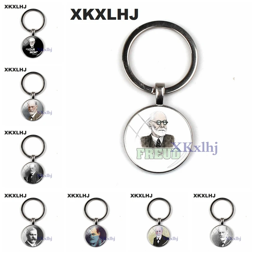 

XKXLHJ 2018 Fashion Sigmund Freud Keyring Psychoanalysis Keychain Silver Round Glass Dome Key Chains Handmade Key Rings