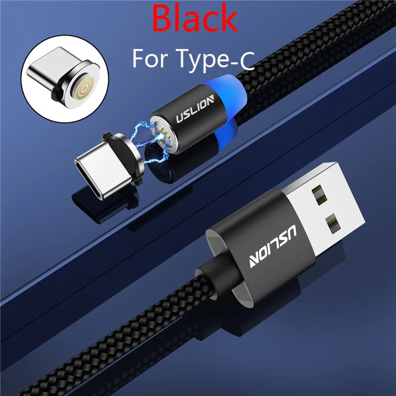 USLION 2M 3A Магнитный кабель Micro usb type C Быстрая зарядка для iPhone X XR XS 8 7 samsung S10 Xiaomi Магнитный кабель для зарядки телефона - Цвет: For Tpye C Black