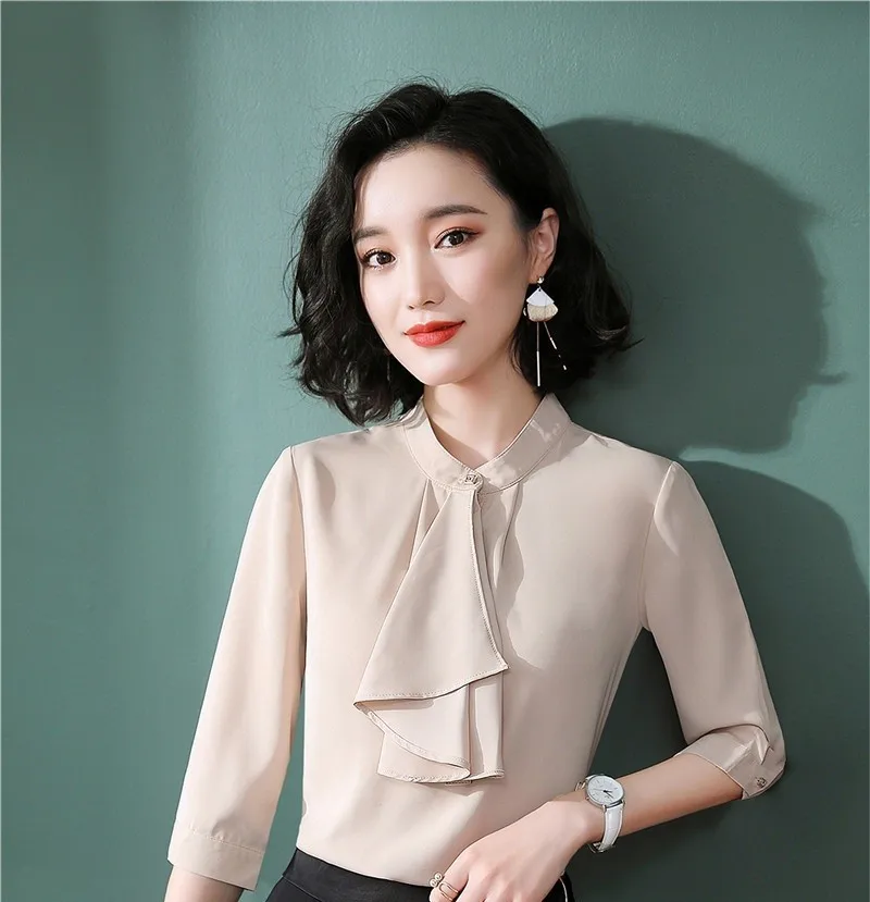 

Novelty Apricot Ladies Office Half Sleeve Chiffon Blouses & Shirts For Women Business Work Wear Clothes Ladies Blouse OL Styles
