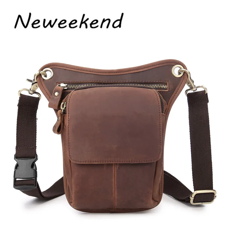 

NEWEEKEND Men's Cowhide Geunine Leather Small Motorcycle Messenger Shoulder Hip Belt Fanny Pack Waist Drop Leg Bag MS3010