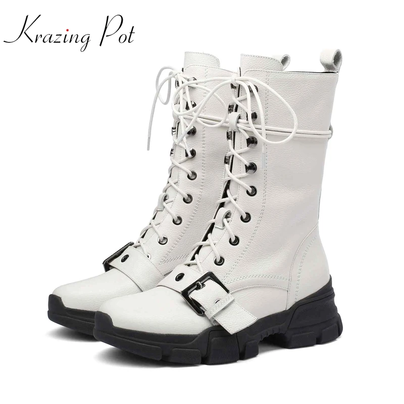 

Krazing Pot new full grain leather luxury Winter streetwear rock med heels round toe wedges buckle motorcycle mid-calf boots L77
