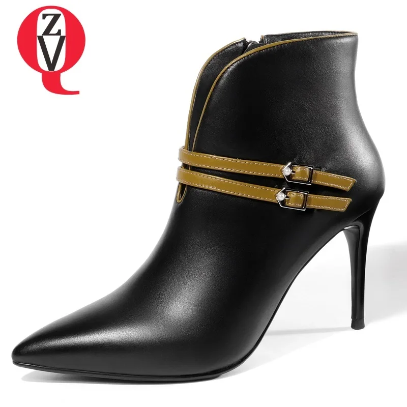 

ZVQ women shoes pointed toe super high thin heels zipper mixed colors genuine leather buckle outside fashion winter lady booties