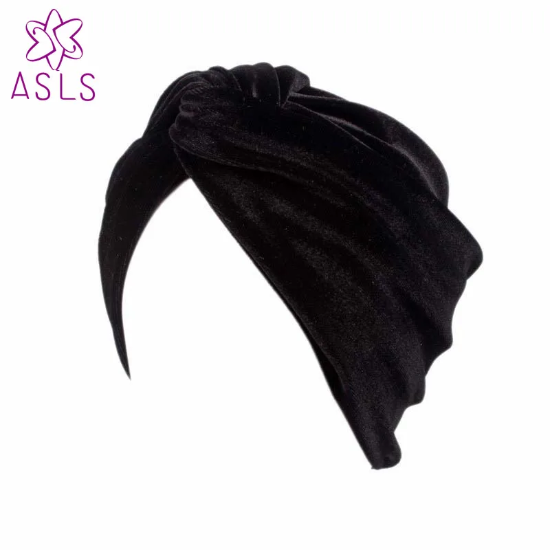 Дамские бархатные шапки-чалмы от американского бренда ASHILISIA, банданы для ночного сна, одноцветные модные стильные двойные чалмы - Цвет: Черный