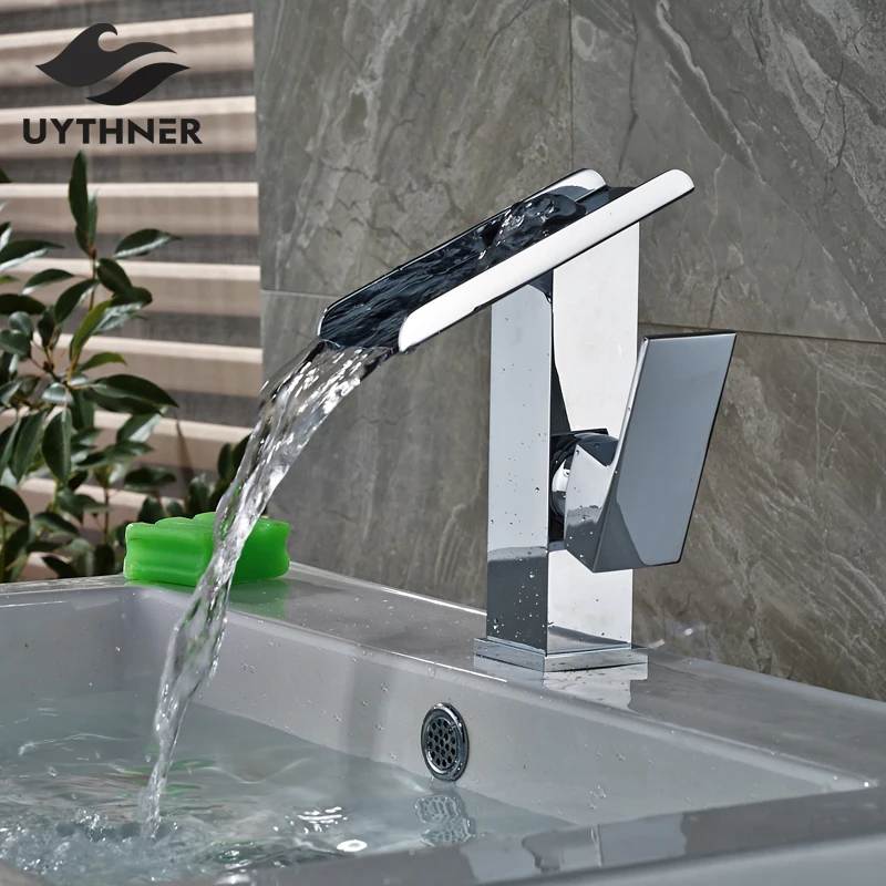 

Uythner Newly Modern Bathroom Sink Faucet Mixer Tap Chrome Plate Waterfall Basin Faucet Cold and Hot Water Tap One Hole