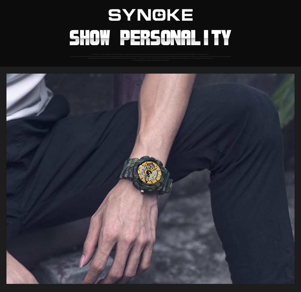 SYNOKE Лидер продаж армейские электронные часы камуфляж Спорт на открытом воздухе двойной дисплей электронные светящиеся водонепроницаемые часы для мужчин