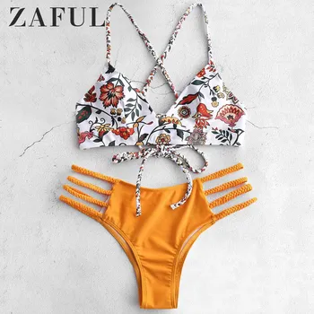 

ZAFUL Bikini Flower Braided Lace Up Bikini Set Spaghetti Straps Wire Free Swim Suit Women Summer Bohemian Floral Swimwear