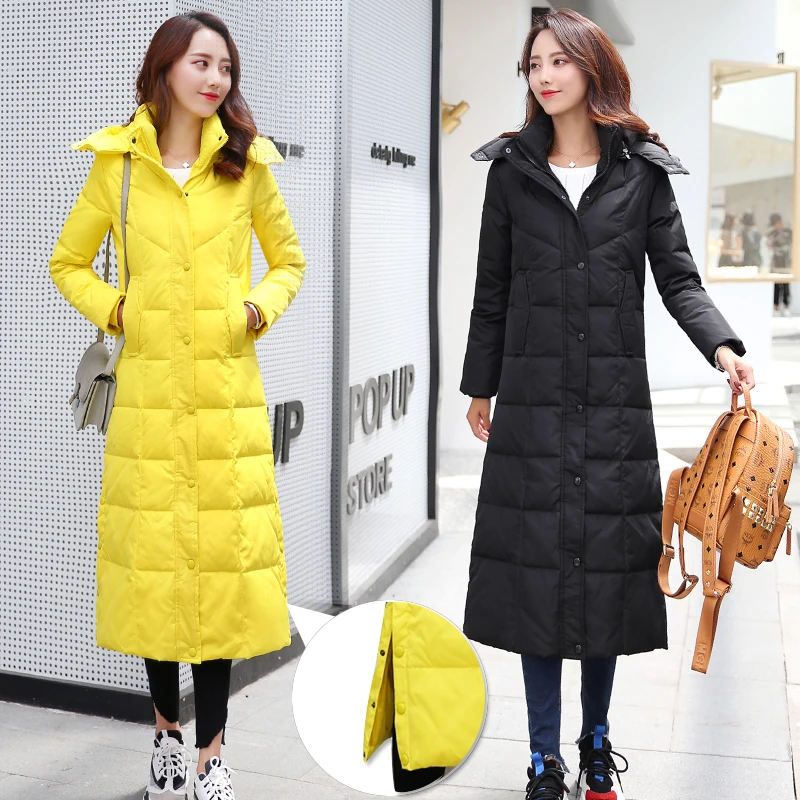 

Autumn Winter New White Duck Down Super Long Female Garment Extended Length Thicker Knee Down Jacket Woman Hooded Long Plus Size