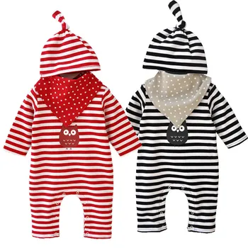 

Baby Clothing Set Baby Girl Clothes 3 Pcs Suit Striped Romper+Bib+Hat New Born Clothes Set Cartoon Owl Print Children Clothes