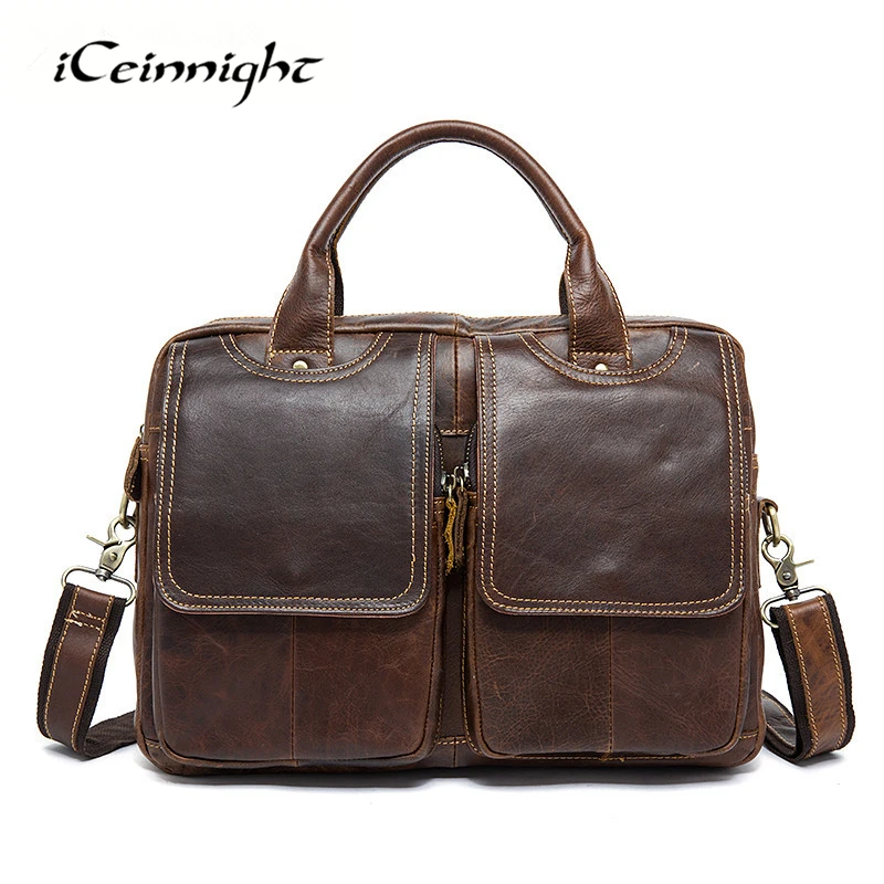 iCeinnight Vintage Genuine font b Leather b font Men s Bag Luxury Crazy Horse font b
