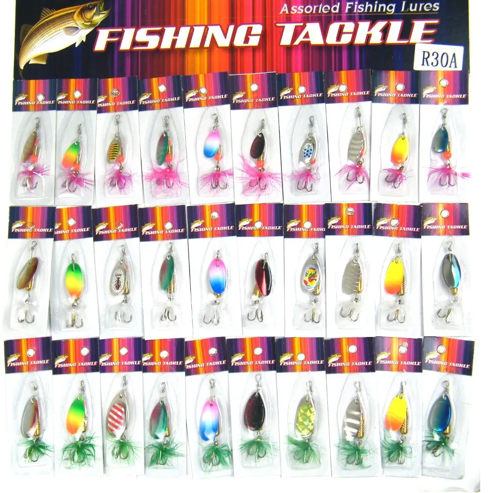 30 piezas/tarjeta surtido de Pesca señuelos Spinner Metal cuchara Pesca Spinners duro cebos con pluma Pesca Crankbaits Wobblers Pesca