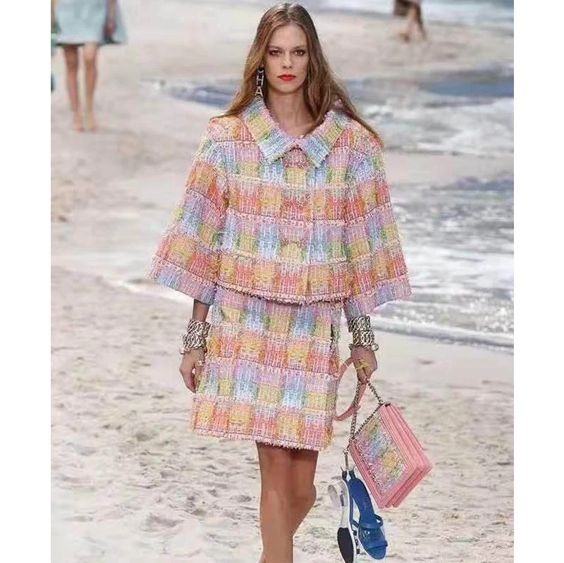 

Cosmicchic Women Tweed Suit Runway 2019 Women Coats Rainbow Short Jacket Color Short A Line Skirt