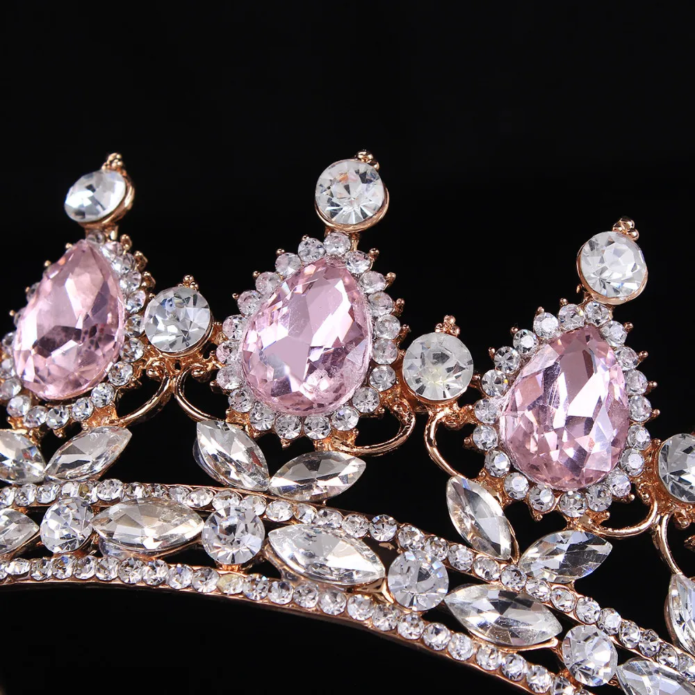 Hot sale New Fashion Elegant Pink Crystal Bridal crown classic Gold Tiaras for Women Wedding hair jewelry accessories 14