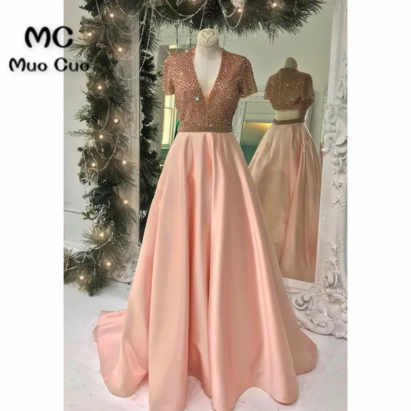 Shinning pink satin open back long formal beaded prom dress, short sleeve evening dress