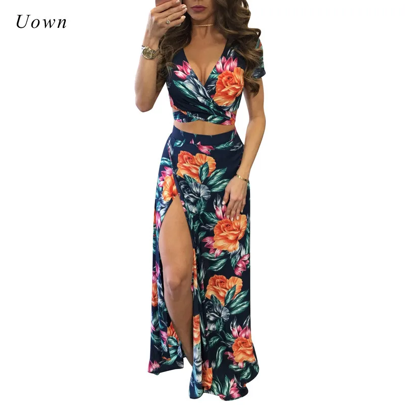 

Floral Print Boho Summer Dress Women Two Piece Set 2018 Sexy V Neck Beach Crop Top and Skirt Set High Split Maxi Dress Vestidos
