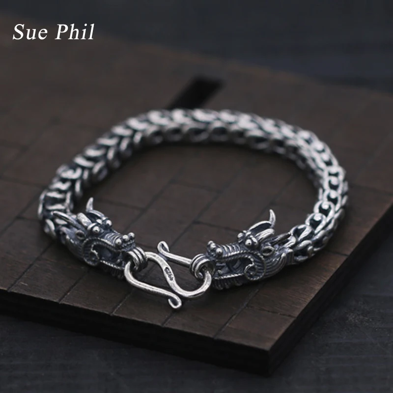 

Sue Pihl 2018 New 100% Real 925 Sterling Thai Silver Bracelets For Men Vintage Double Dragons Hook Bangle Bracelet Jewelry