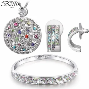

Circle Pendant Necklace Bangle Bracelet Earrings Fashion Jewelry Set with Australia Crystals For Women Wedding Party Accessories