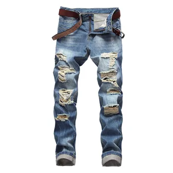 

2019 New Men's Hole jeans Slim Straight Mid waist Tattered Light Blue Men's Denim trousers More Size 28-36 38 40 42