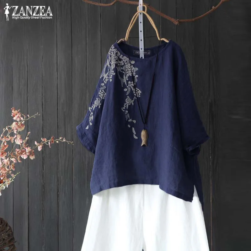Для женщин вышивка туника льняные рубашки ZANZEA женские с круглым вырезом с коротким рукавом футболки женские повседневные Цветочные Блузы больших Размеры 5XL