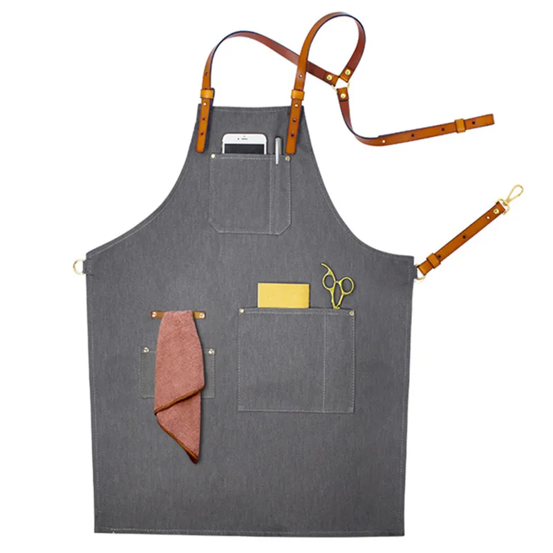 Black Gray Denim Apron Leather Straps D82A-1