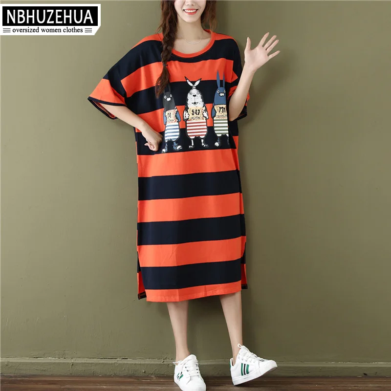 

NBHUZEHUA A54 4XL 5XL 6XL Big Size Tshirt Women Cartoon Print Stripe Funny T Shirts Long T-Shirt Plus Size Kawaii Clothes Femme