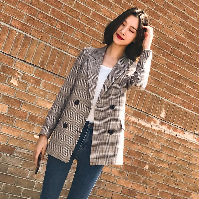 

Double-breasted Plaid small suit jacket female spring and autumn new thin temperament ladies casual long-sleeved suit jacket
