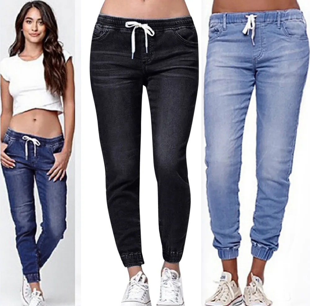 

2018 Hot sale Fashion Women Autumn Elastic Plus Loose Denim Casual Drawstring Cropped Jeans Woman fashion trousers plus size