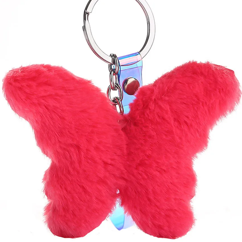 

Cute Butterfly 12 Colors Pompom Keychain Fluffy Artificial Rabbit Key Chain Gifts for Women Car Girl Kids Bag Jewelry 2019 New