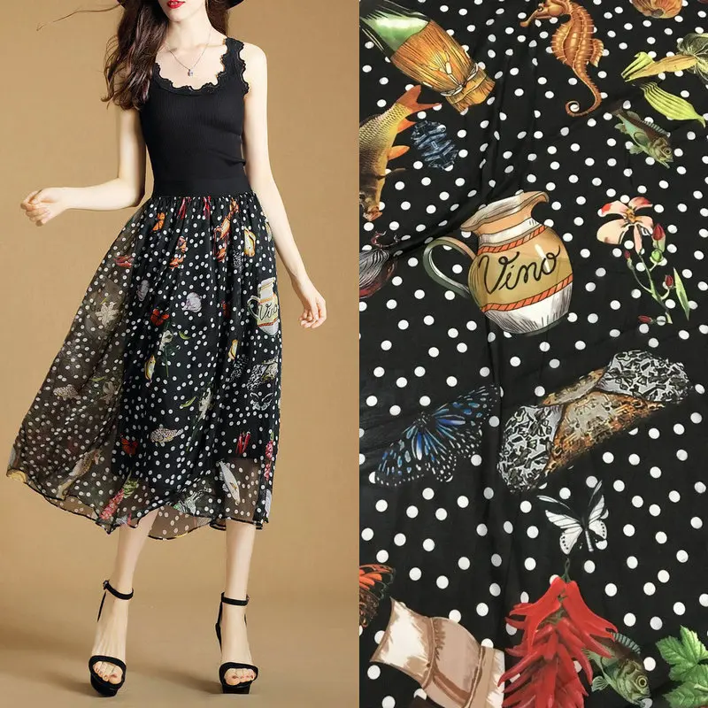 

Black Dot and Cans Fish Printed Chiffon Fabric Soft Chiffon Thin Fabric For Dress Long Beach Dress Chiffon Clothing Tissue