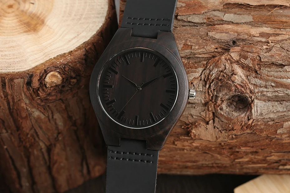 Unique Full Black Men's Ebony Wood Watch Luxury Gifts Light Bamboo Analog Quartz Wristwatch with Genuine Leather Reloj de madera 2017 2018 Christmas Gifts for Men (13)