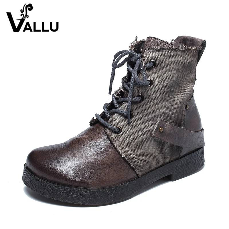 

VALLU Autumn Shoes Ladies Boots Round Toes Lace Up Mixed Color Rivet Genuine Leather Women Ankle Boots Martin Boots