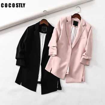 

Blazer Women Solid Color Long Suit Jacket Pleated Sleeve Loose Coat Office Lady Work Style Suit women blazers and jackets
