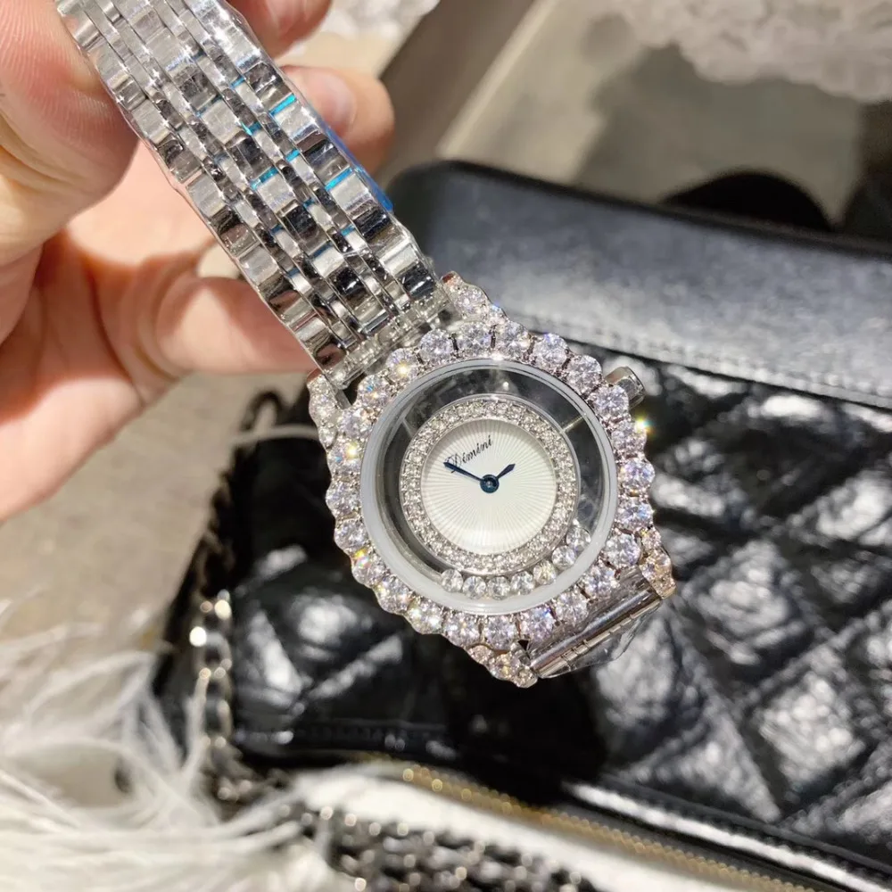Бренд женские Роскошные ювелирные часы Модные прозрачные подвижные счастливые Кристаллы часы полный стальной браслет наручные часы кварцевые