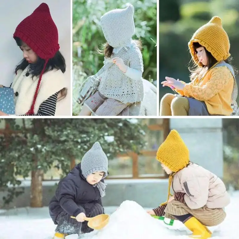 

0-5 Year Old Baby Baby Knitted Beanies Lovely Crochet Solid Color Windproof Ear Protector Hat Children Soft Warm Elf Cap