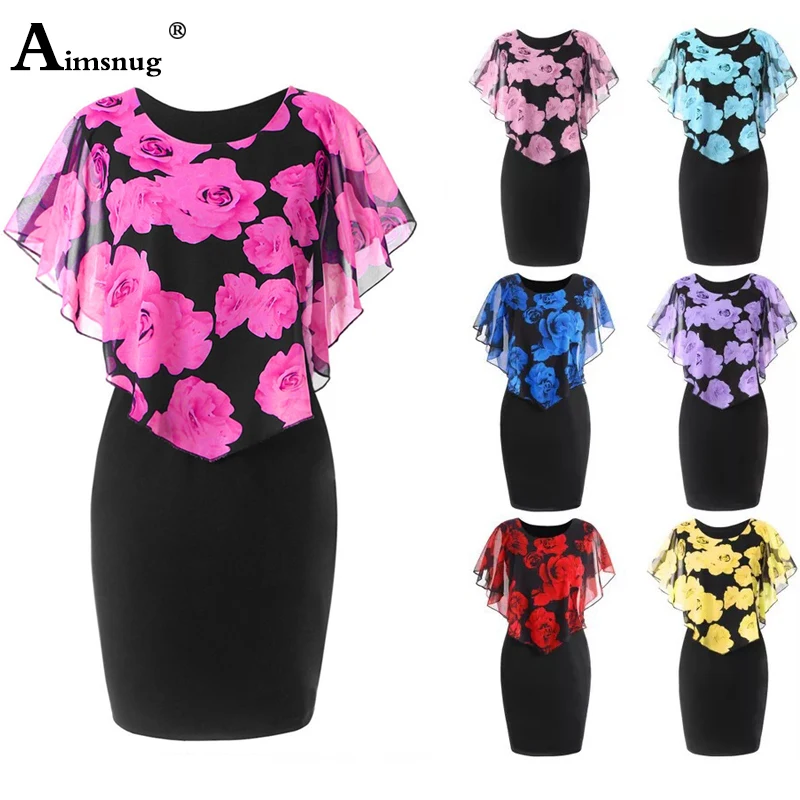 

Plus size 4XL 5XL Chiffon Boho Fake Two Pieces Flower Print Shawl Slim Female The Dress Bag Hip 2019 Summer Bodycon Women Dress