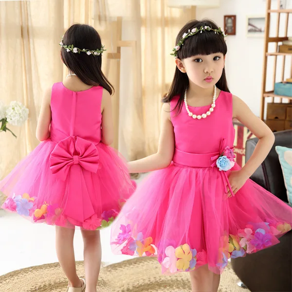 

New Pattern Girl Princess Korean Thick And Disorderly Flower Full Dress Petal Kids Mesh Bow Clothing 2 Colour