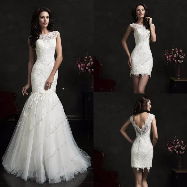 ilusión festoneado cuello de la sirena vestido de novia de dos