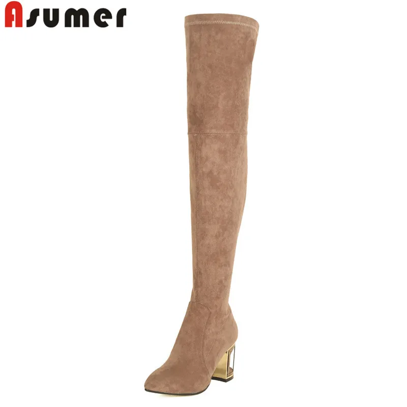 ASUMER/Большие размеры 33-43; модная осенне-зимняя обувь; женские ботфорты с острым носком; замшевые сапоги на высоком каблуке