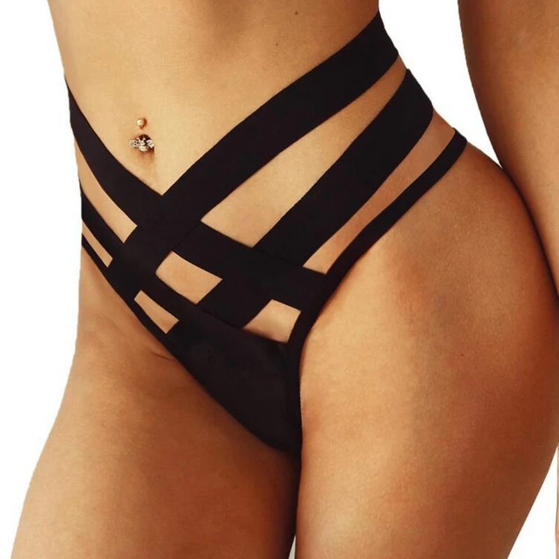 

Sexy Black Bandage Underwear Women Fashion High-Rise Ladies Thongs and G Strings Strap Hollow G-String Panties Imitation