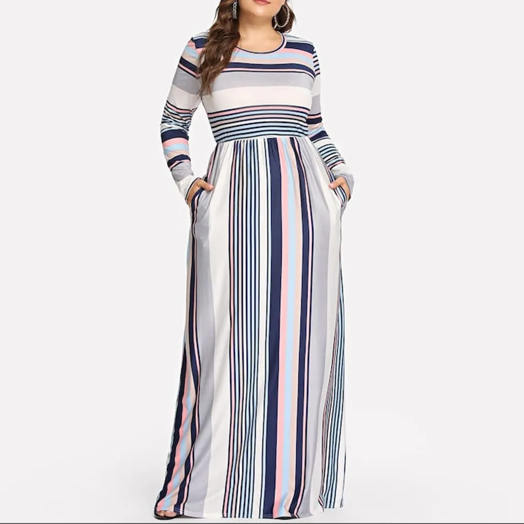 

2019 Office Lady O Neck Long Shirt Dress Women New Fashion Summer Long Sleeve Stripe Maxi Party Dresses Plus Size Vestido#J30
