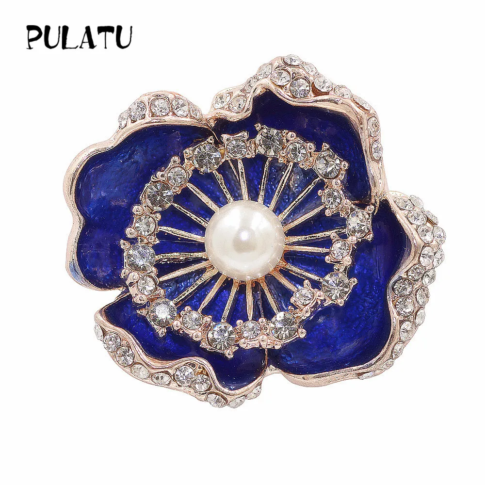 PULATU Luxurious Large Enamel Flower Brooches for Women Elegant Pearl