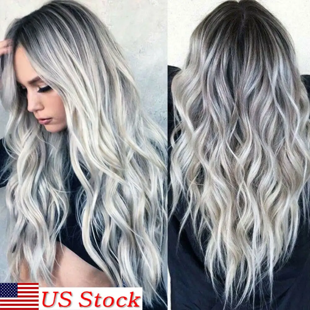

Women Gradient Grey Long Curly Wig Synthetic Wavy Hair Heat Resistant Wig