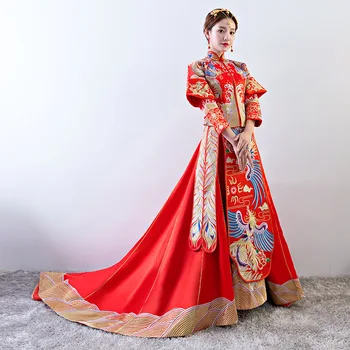 

Red Phoenix Embroidery Dress Bride Wedding Cheongsam Oriental Dresses Traditional Chinese Clothing Women Modern Formal Qipao