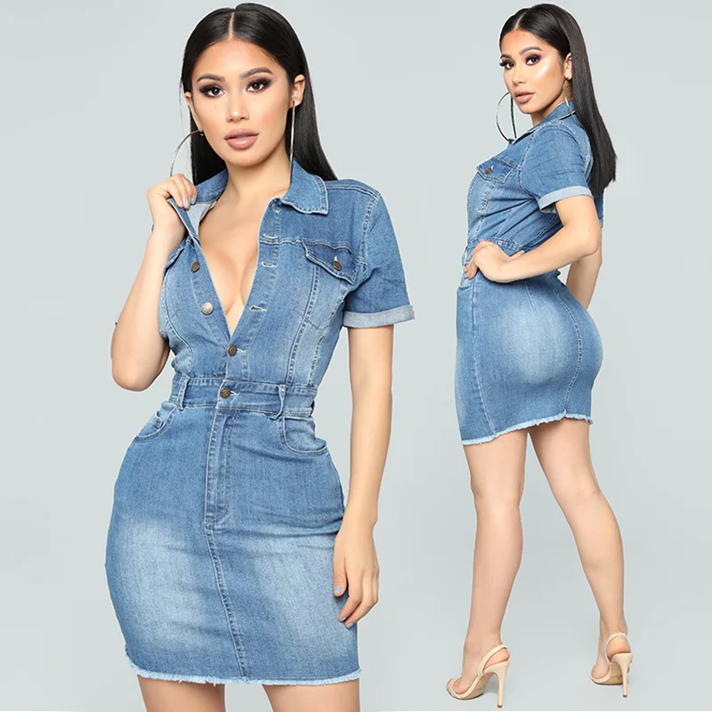 

Elegant Women Mini Dress Short Sleeve Summer Mini Dress Female Robe Sexy Vestidos Cotton Denim Women Pack Hip Pencil Dress