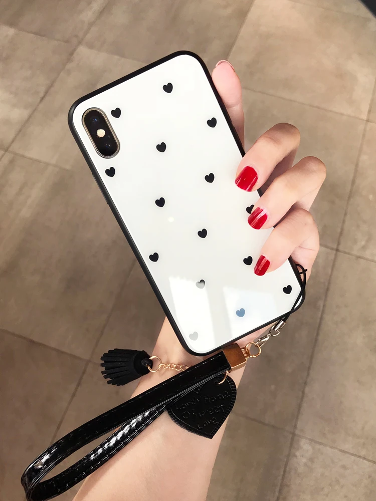 BONVAN чехлы на айфон X XR XS Max 7 case закаленное стекло Жесткий Сердце Любовь кисточкой ремешок крышка чехол на iPhone 6 6S 7 8 плюс чехлы для телефонов