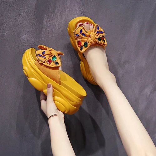 Yellow 1 XJRHXJR New Women Fashion Cute Bow Thick Bottom Wedges Sandals Slipper Flatform Shoes zandalias de verano mujer - Color: Yellow 1