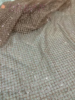 

Champagne Gold glued glitter african tulle french net lace high quality african mesh lace fabric for party evening dress