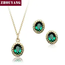 ZHOUYANG ZYS106 de Calidad Superior Plateó Creado Verde Esmeralda de Cristal Austriaco Joyería Conjunto Con 2 Unids Eearrings + Collar